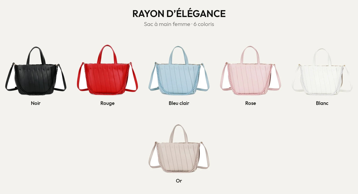 Sac à main Rayon d’Élégance en 6 coloris : noir, rouge, bleu clair, rose, blanc et beige clair – Gallantry Paris – réf. A-9110