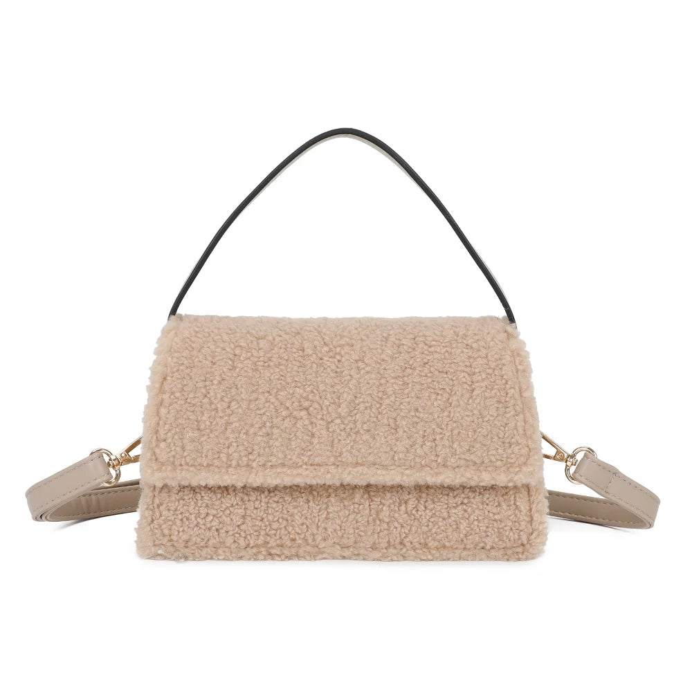 Sac à main femme Rosino-Fluffy champagne en peluche bouclée, avec rabat et anse courte – Gallantry Paris – réf. C-0167-4