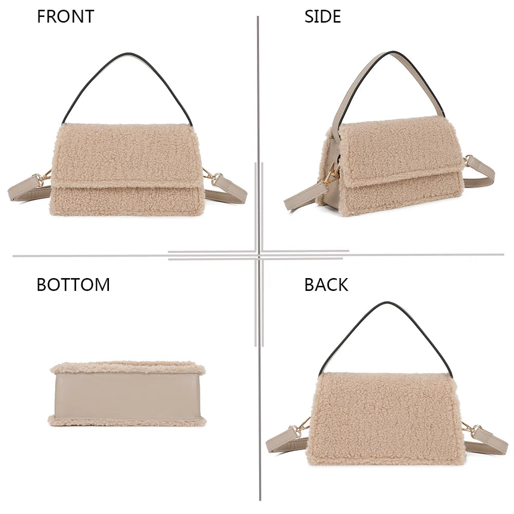 Le Rosino-Fluffy champagne sous quatre angles : face, côté, dessous et dos de ce petit sac pelucheux – réf. C-0167-4