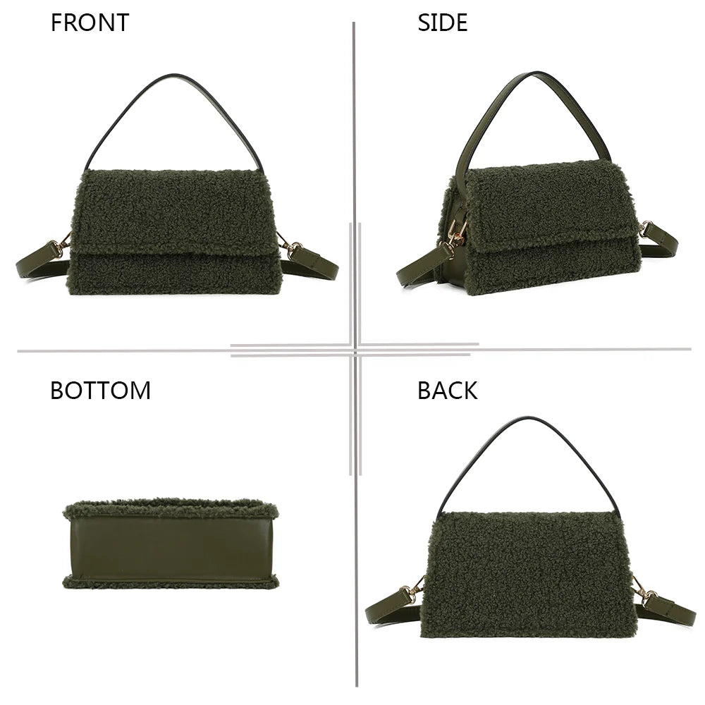 Le Rosino-Fluffy kaki sous quatre angles : face, côté, dessous et dos de ce petit sac pelucheux – réf. C-0167-4