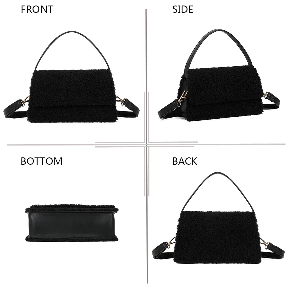 Le Rosino-Fluffy noir sous quatre angles : face, côté, dessous et dos de ce petit sac pelucheux – réf. C-0167-4