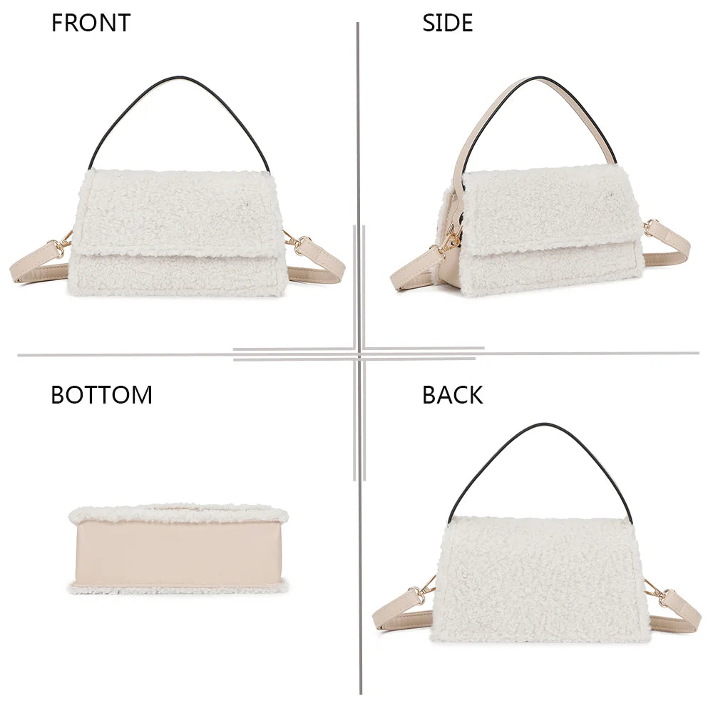 Le Rosino-Fluffy or sous quatre angles : face, côté, dessous et dos de ce petit sac pelucheux – réf. C-0167-4
