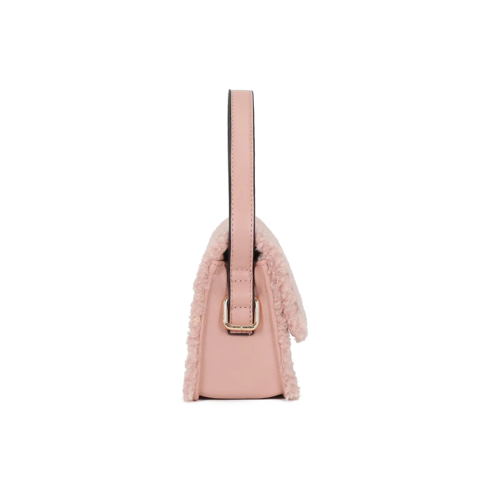 Profil du Rosino-Fluffy rose : côté en synthétique lisse et boucle dorée qui retient l’anse – réf. C-0167-4