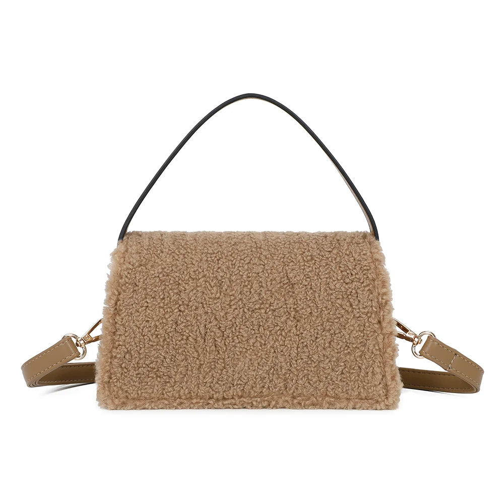 Dos du Rosino-Fluffy taupe foncé, où l’on voit la peluche bouclée douce et l’attache de l’anse courte – réf. C-0167-4