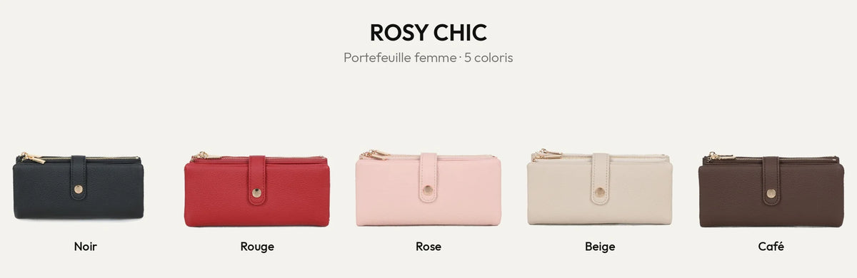 Portefeuille femme Rosy Chic en simili cuir grainé, 5 coloris : noir, rouge, rose, beige et coffee – Gallantry Paris – réf. SF-69053