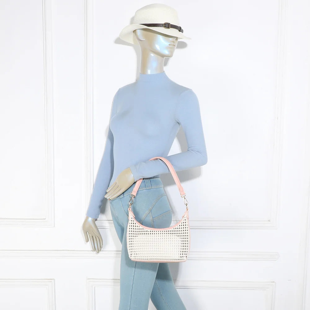 Sira Riviera rose porté à l’épaule, un sac à main femme léger au tressage estival – réf. A-9153