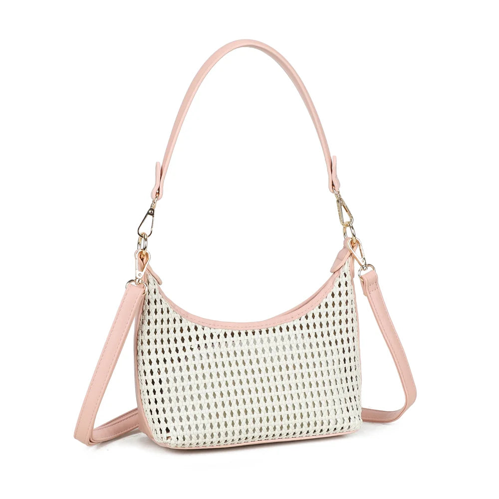 Sira Riviera rose vu de trois quarts : silhouette arrondie et bordures colorées autour du tressage – réf. A-9153