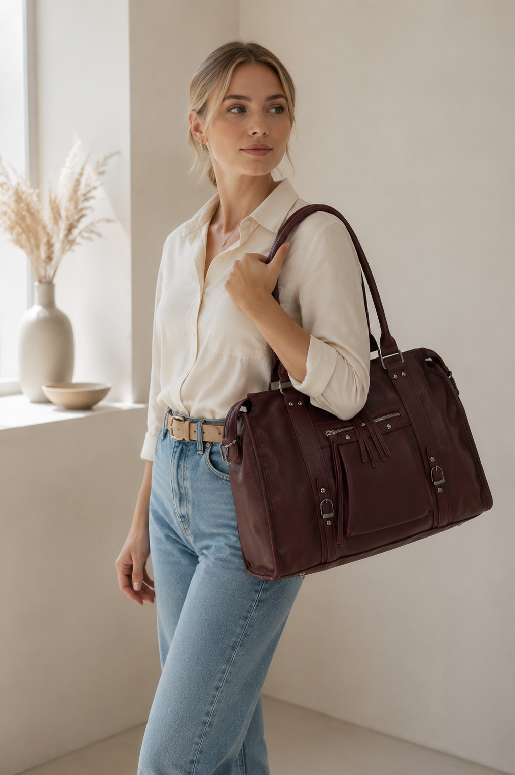 Femme portant le sac cabas Skyla Grand Mat bordeaux à l’épaule – visuel d’ambiance créé avec l’IA – Gallantry Paris