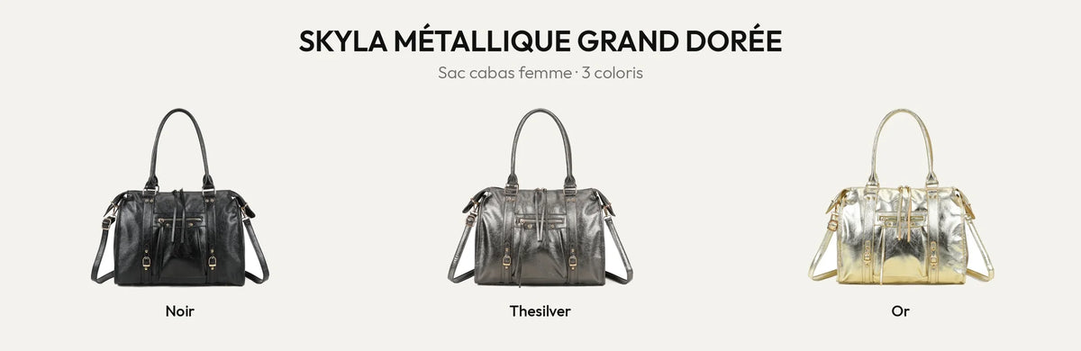 Sac cabas femme Skyla Métallique Grand Dorée en noir, argent vieilli et or – Gallantry Paris – réf. R-1979-5B