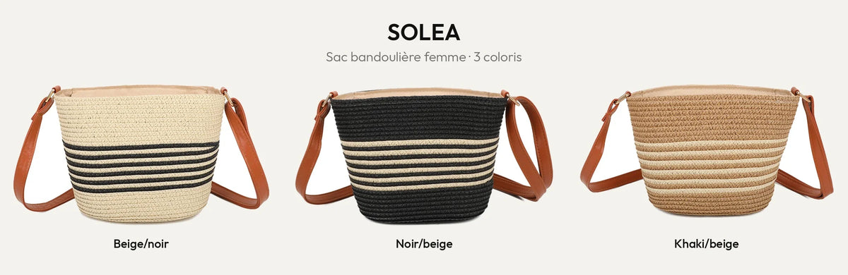 Sac bandoulière Solea effet paille rayé en trois coloris : Beige/Noir, Noir/Beige et Khaki/Beige – Gallantry Paris – réf. JA-29001-1