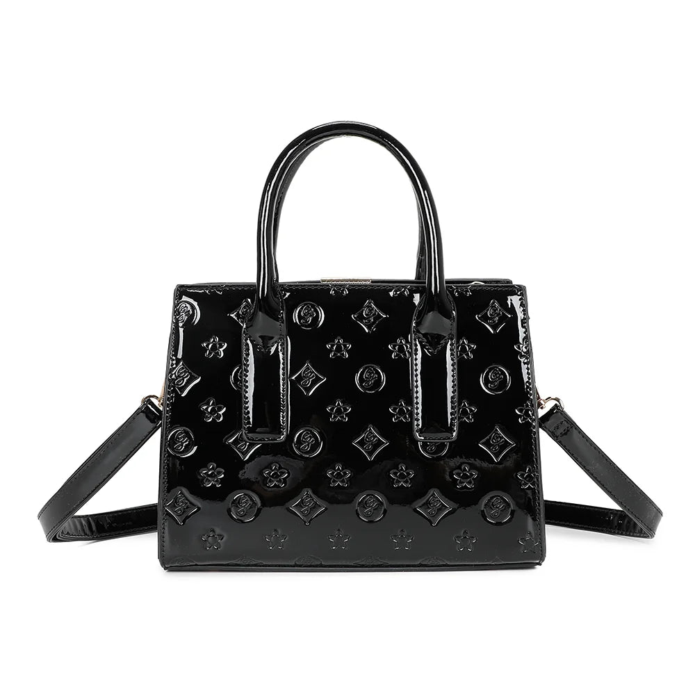 Sac à main femme Stella noir, synthétique verni à motifs embossés et plaque dorée – Gallantry Paris – réf. R-1627-2