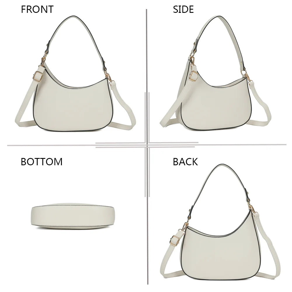 Le Tereza beige sous tous les angles : face, profil, dessous et dos du sac demi-lune – réf. R-1957