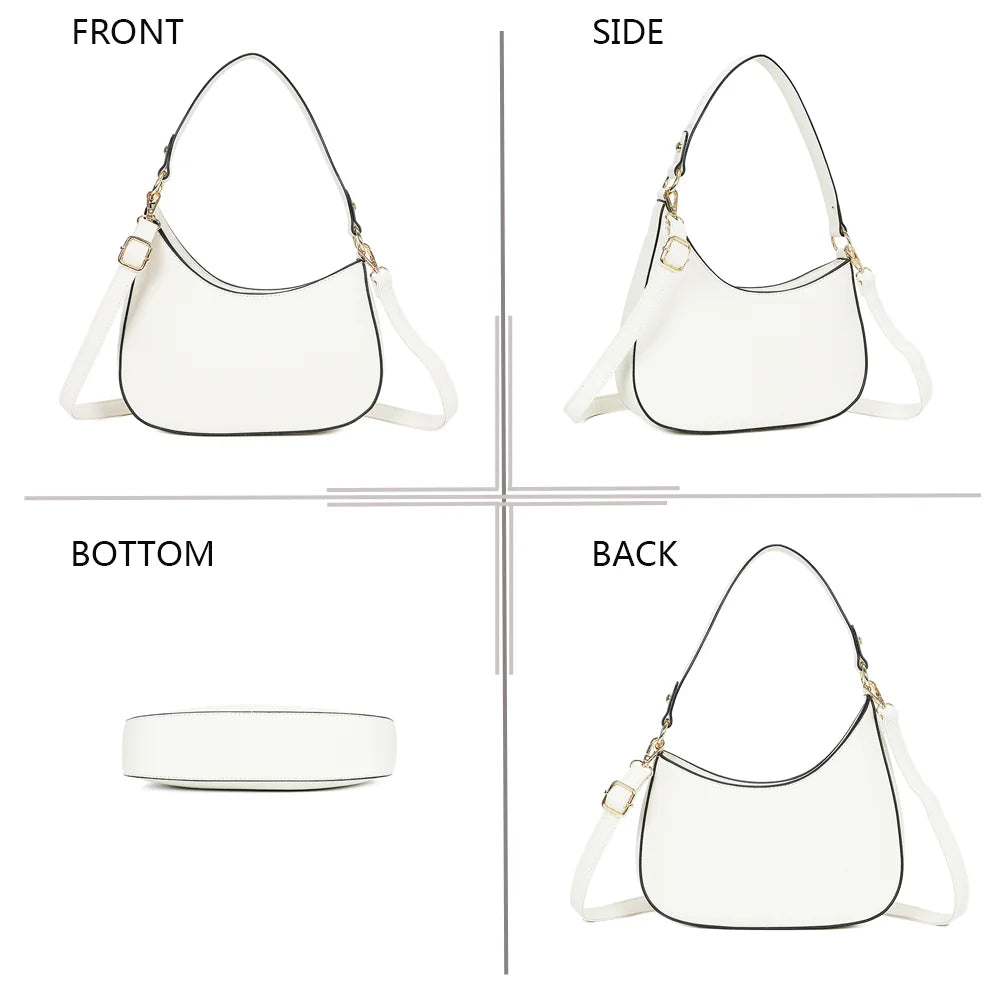 Le Tereza blanc sous tous les angles : face, profil, dessous et dos du sac demi-lune – réf. R-1957