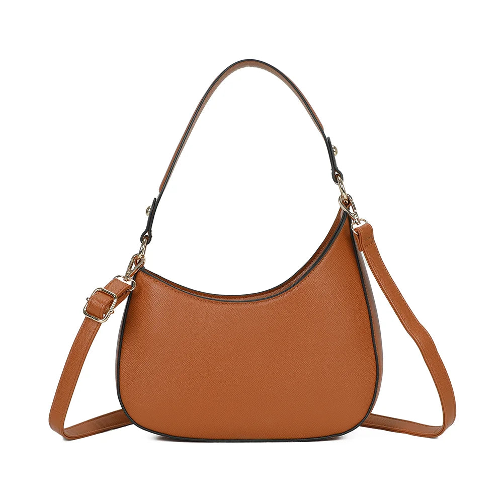 Dos du sac Tereza marron, ligne épurée et anse d’épaule fixée par des anneaux dorés – réf. R-1957