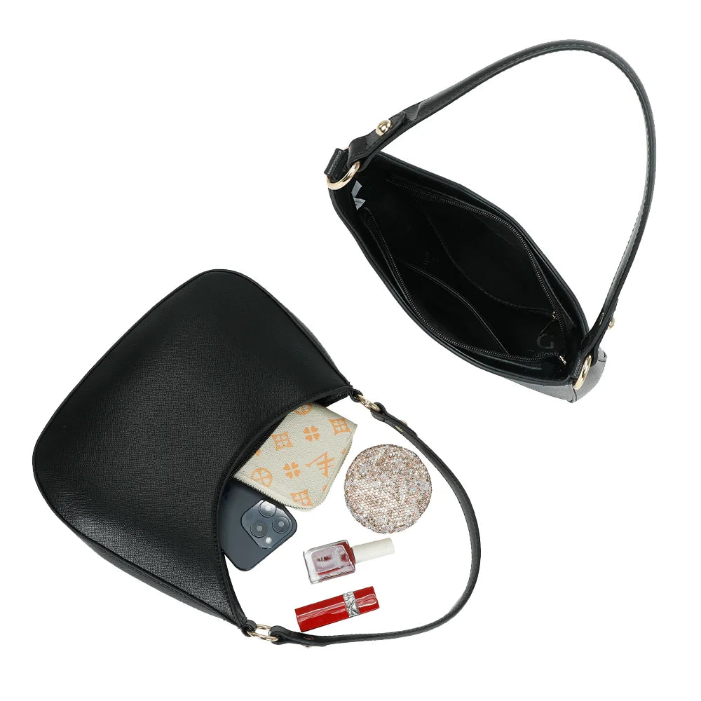 Intérieur du Tereza noir : poche zippée et poche plaquée pour ranger téléphone et maquillage – réf. R-1957