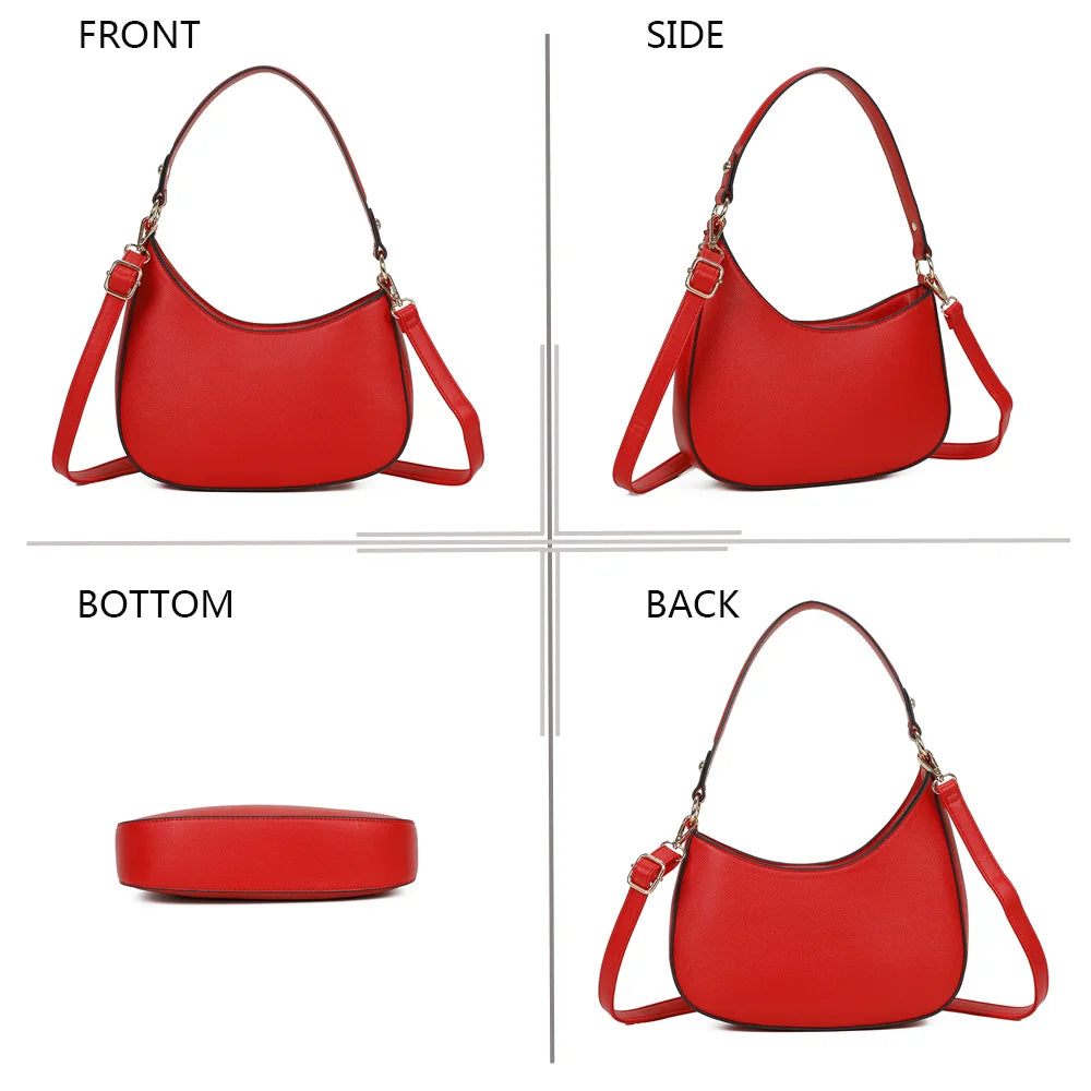 Le Tereza rouge sous tous les angles : face, profil, dessous et dos du sac demi-lune – réf. R-1957