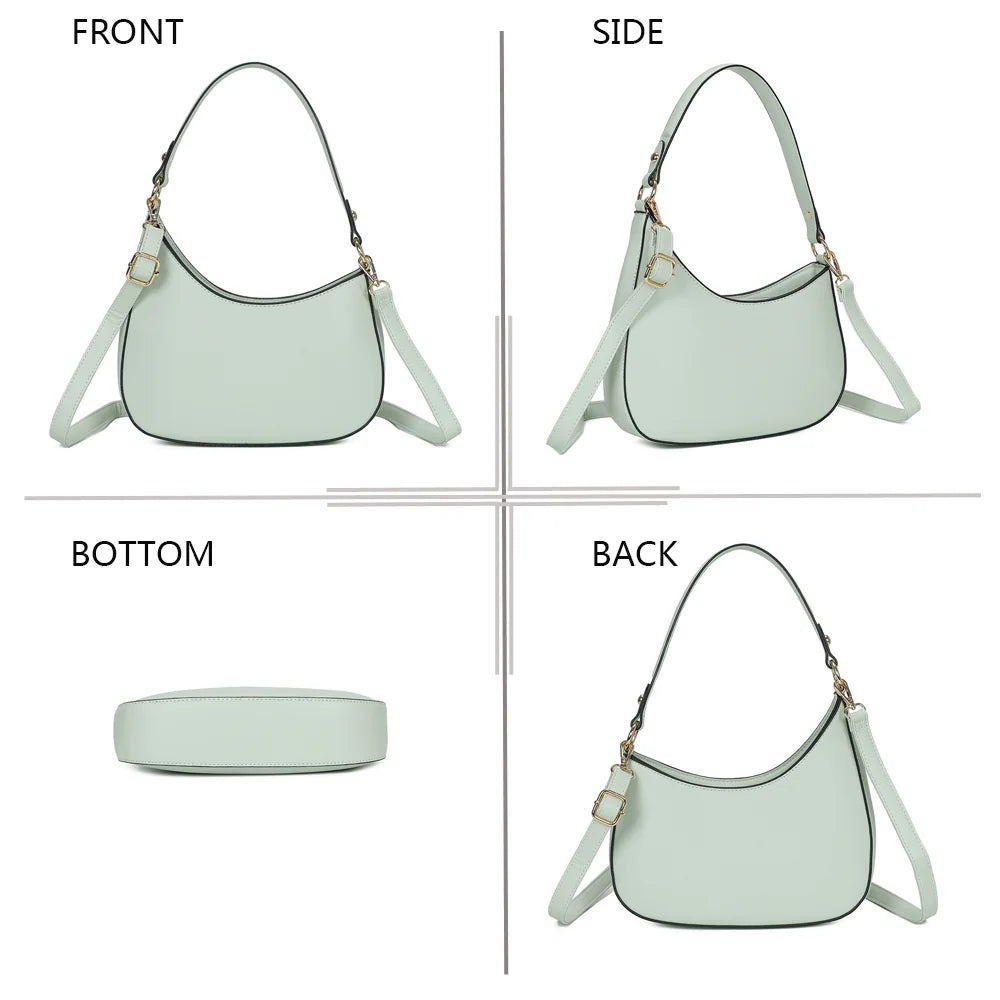 Le Tereza vert clair sous tous les angles : face, profil, dessous et dos du sac demi-lune – réf. R-1957
