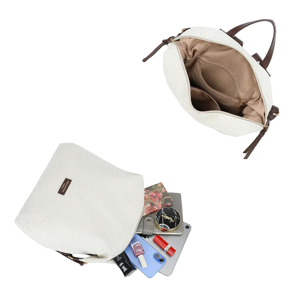 Intérieur de l’Urbania beige/coffee : grand compartiment zippé, poche zippée et poches plates – réf. JC-53007-1