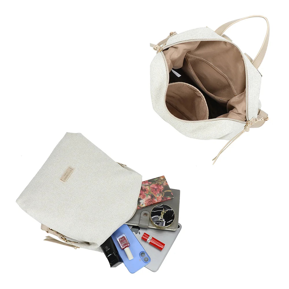 Intérieur de l’Urbania beige/taupe : grand compartiment zippé, poche zippée et poches plates – réf. JC-53007-1