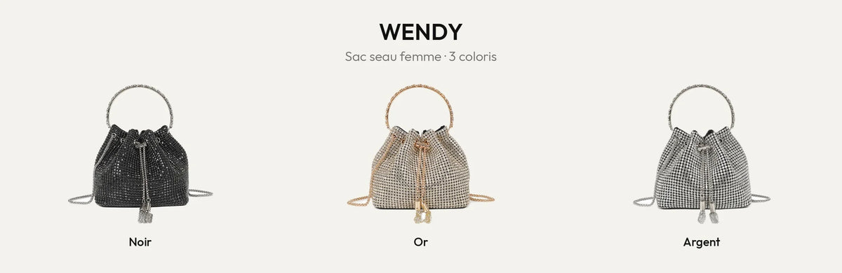 Sac seau à strass Wendy en noir, or et argent – Gallantry Paris – réf. GL-37002