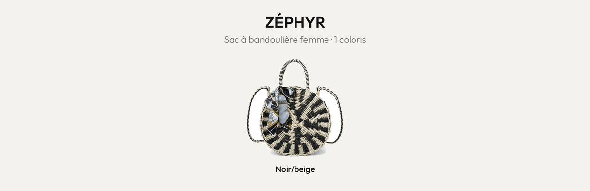 Sac rond tressé femme Zéphyr en coloris Noir/Beige, avec foulard noué – Gallantry Paris – réf. MG-15002