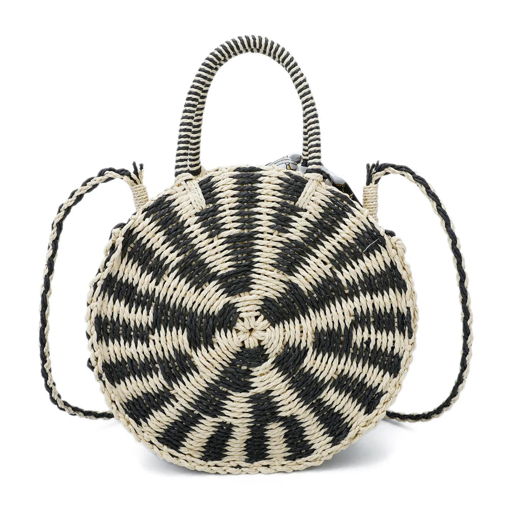 Dos du Zéphyr noir/beige : tressage rayé en fibre effet raphia, du même motif que la face avant – réf. MG-15002