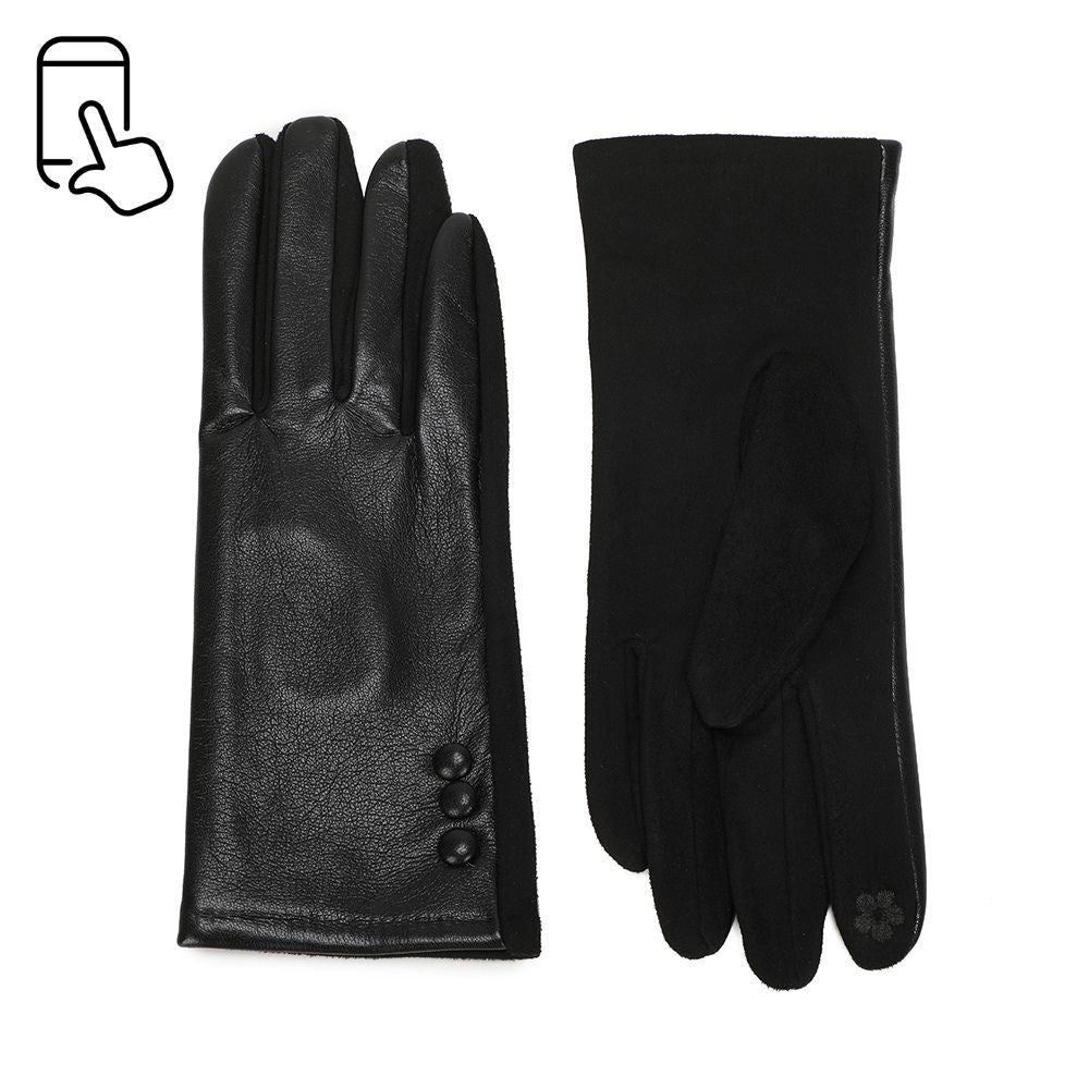 Gants femme Bouton Chic noir, dessus synthétique lisse et trois boutons au poignet – Gallantry Paris – réf. HZ-77003