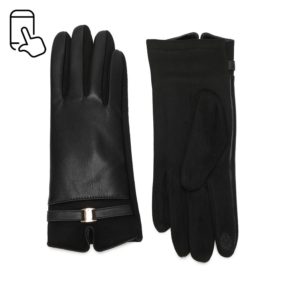 Gants femme Boucle Prestige noir, dos lisse et bride à boucle dorée au poignet – Gallantry Paris – réf. PT-77004