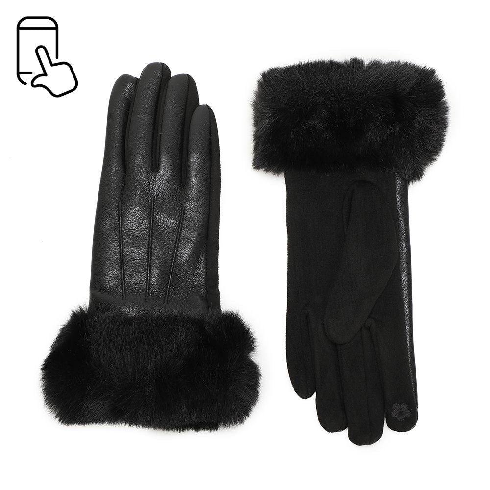 Gants femme Fleur d’Hiver noir, dessus lisse et revers en fausse fourrure – Gallantry Paris – réf. JJ-77006