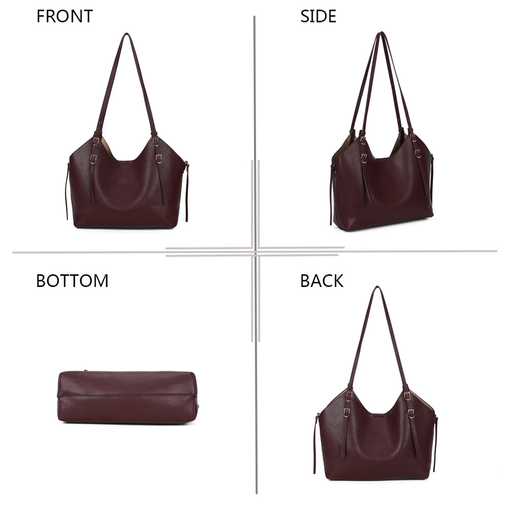 Élance bordeaux sous quatre angles : face, côté, dessous et dos du sac cabas – réf. A-8721-1