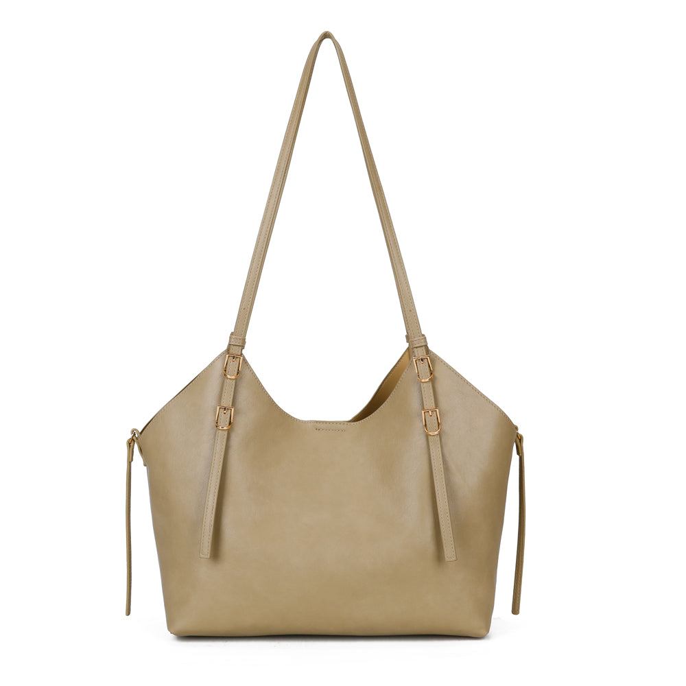 Sac cabas femme Élance taupe de face, synthétique lisse et boucles dorées – Gallantry Paris – réf. A-8721-1
