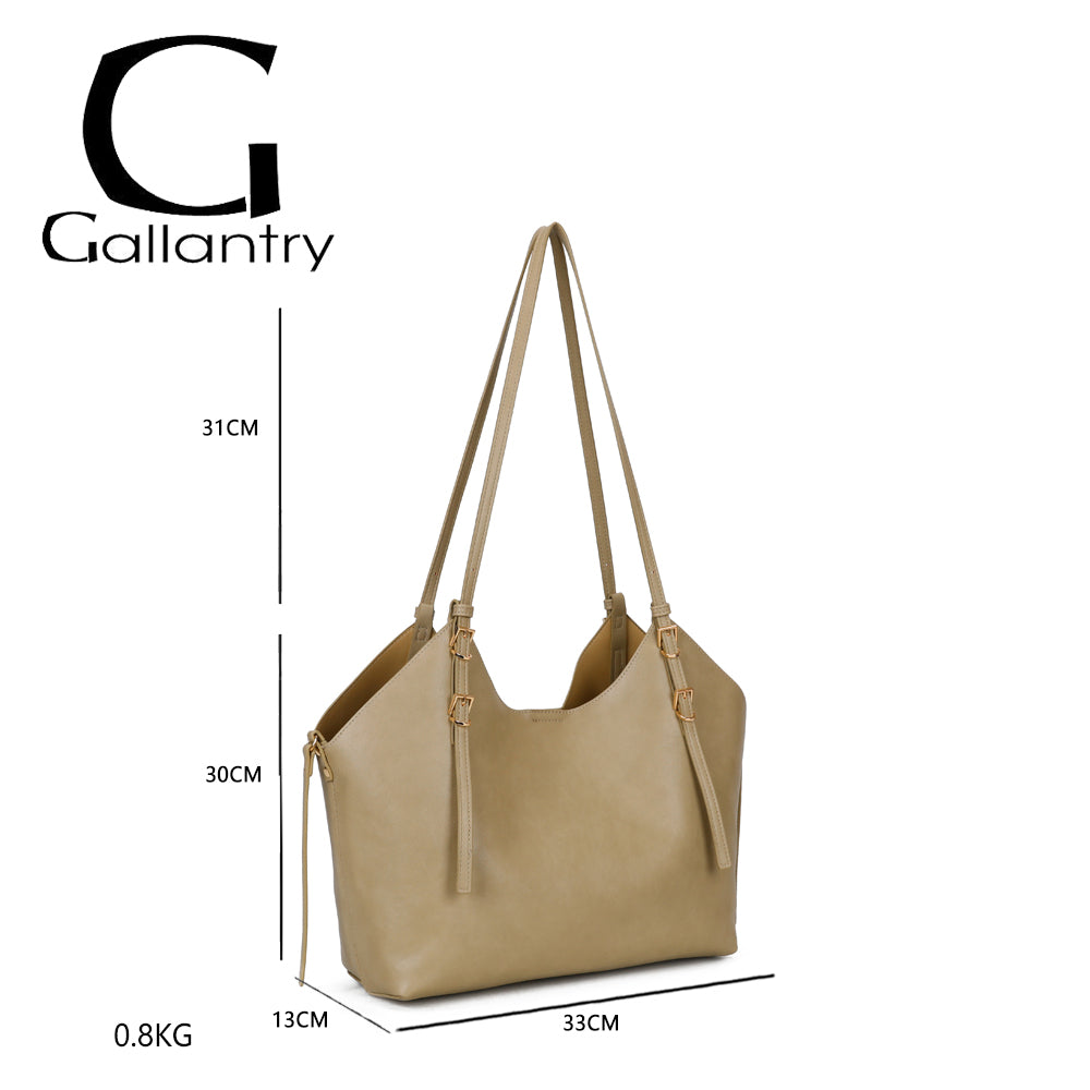 Dimensions de l’Élance taupe : 33 × 13 × 30 cm, anses de 31 cm, poids 0,8 kg – réf. A-8721-1