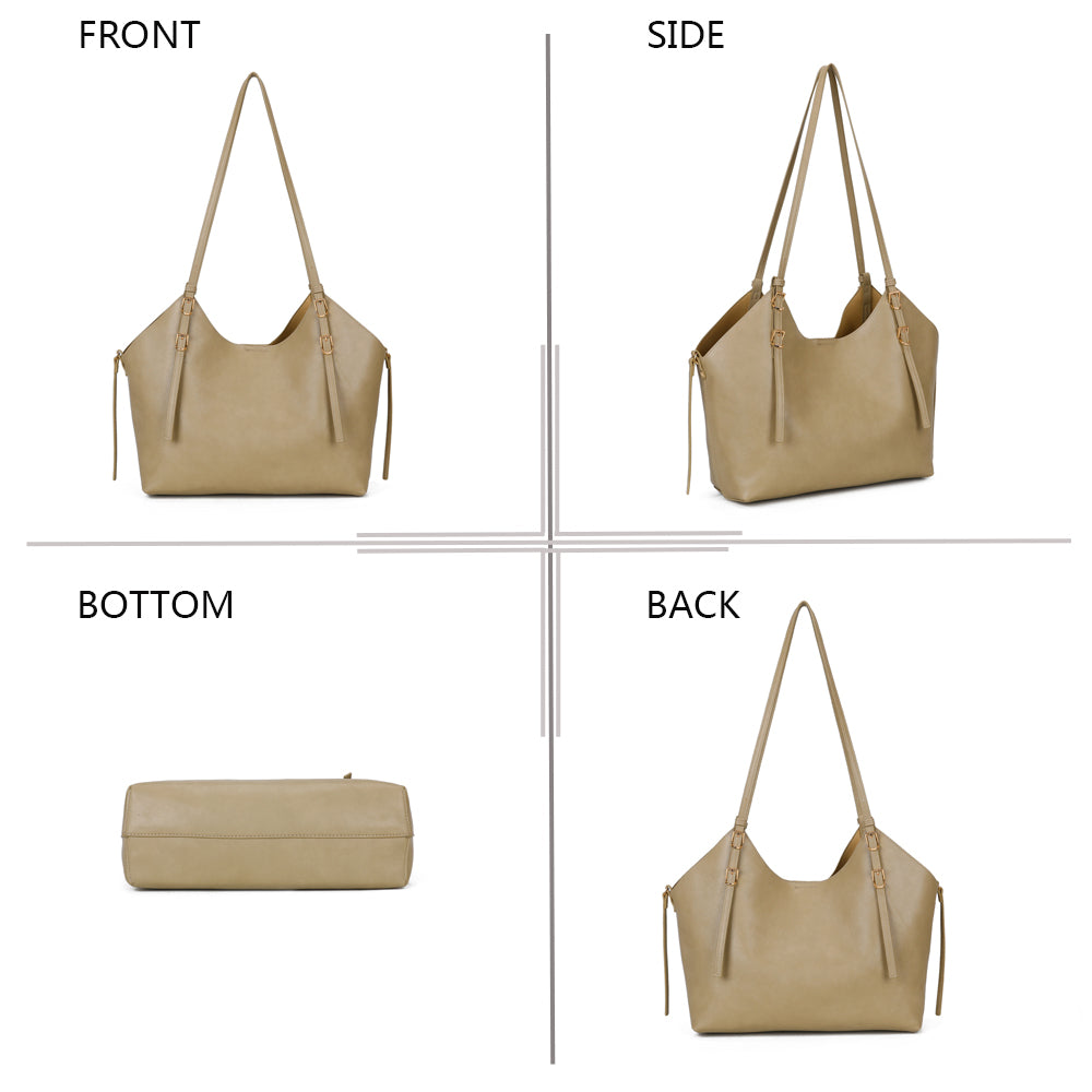 Élance taupe sous quatre angles : face, côté, dessous et dos du sac cabas – réf. A-8721-1