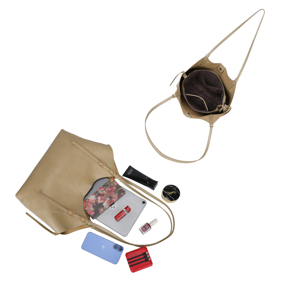 Intérieur de l’Élance taupe : compartiments pour tablette, portefeuille et trousse – réf. A-8721-1