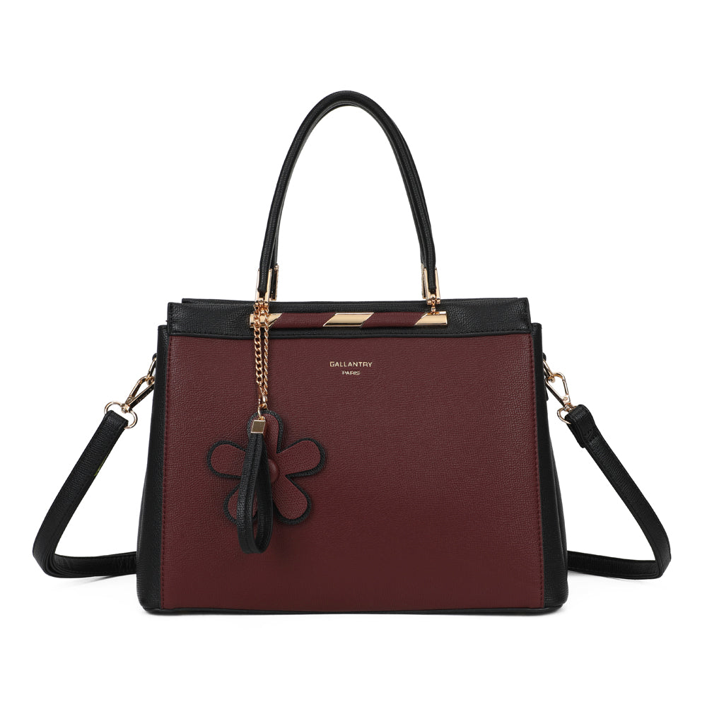 Sac à main femme La Ismérie bordeaux, anses rigides et charm fleur sur chaînette dorée – Gallantry Paris – réf. DQ-8634-1