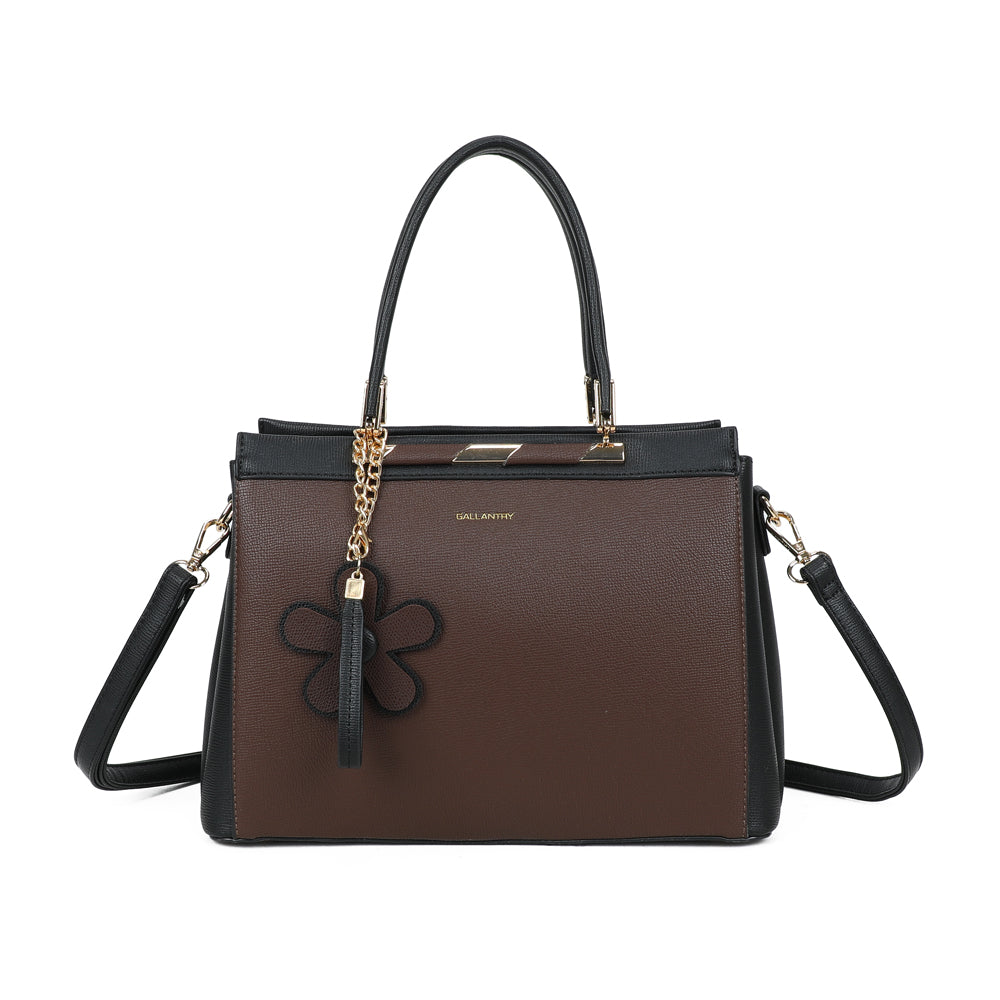 Sac à main femme La Ismérie café, anses rigides et charm fleur sur chaînette dorée – Gallantry Paris – réf. DQ-8634-1