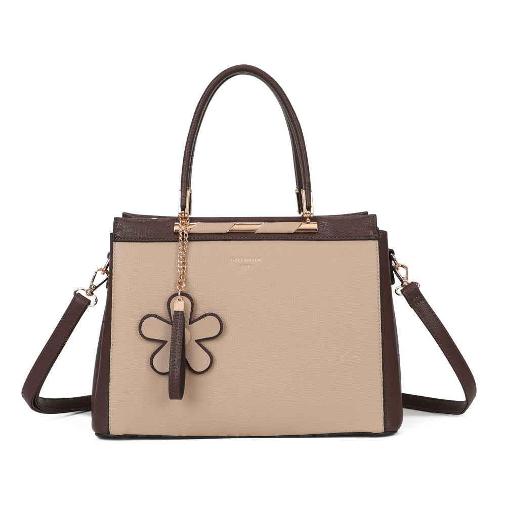 Sac à main femme La Ismérie taupe/coffee, anses rigides et charm fleur sur chaînette dorée – Gallantry Paris – réf. DQ-8634-1