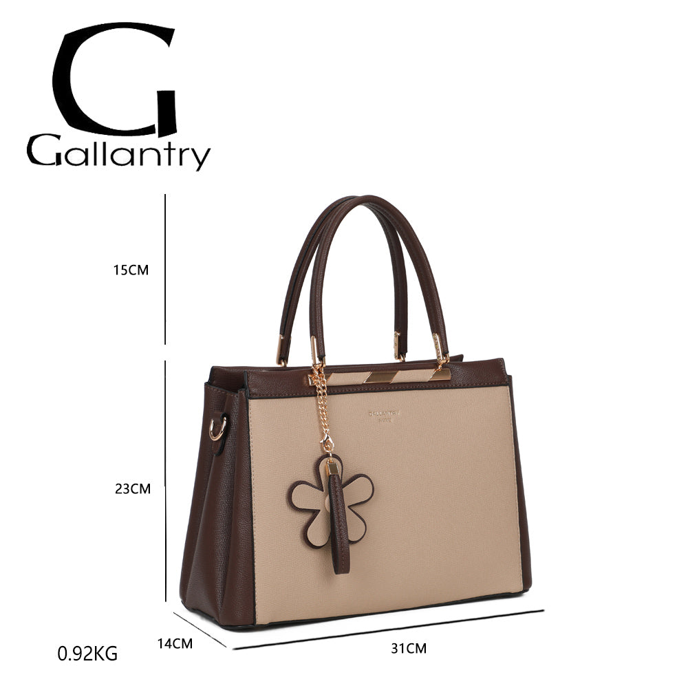 Dimensions de La Ismérie taupe/coffee : 31 × 14 × 23 cm, anses de 15 cm, poids 0,92 kg – réf. DQ-8634-1