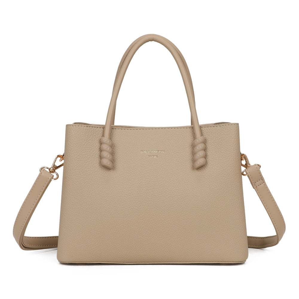 Sac à main femme La Rosella taupe en simili cuir grainé, poignées torsadées – Gallantry Paris – réf. DQ-8733