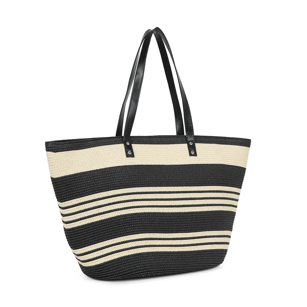 Côte Sauvage noir/beige vu de trois-quarts : rayures horizontales tressées et deux anses longues – réf. HC-28001