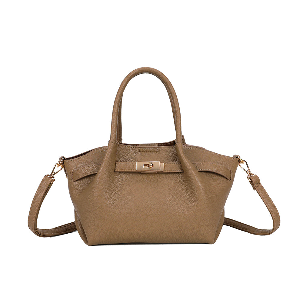 Sac à main femme La Théodora taupe foncé en simili cuir grainé, fermoir tournant doré – Gallantry Paris – réf. KJ-62082-4