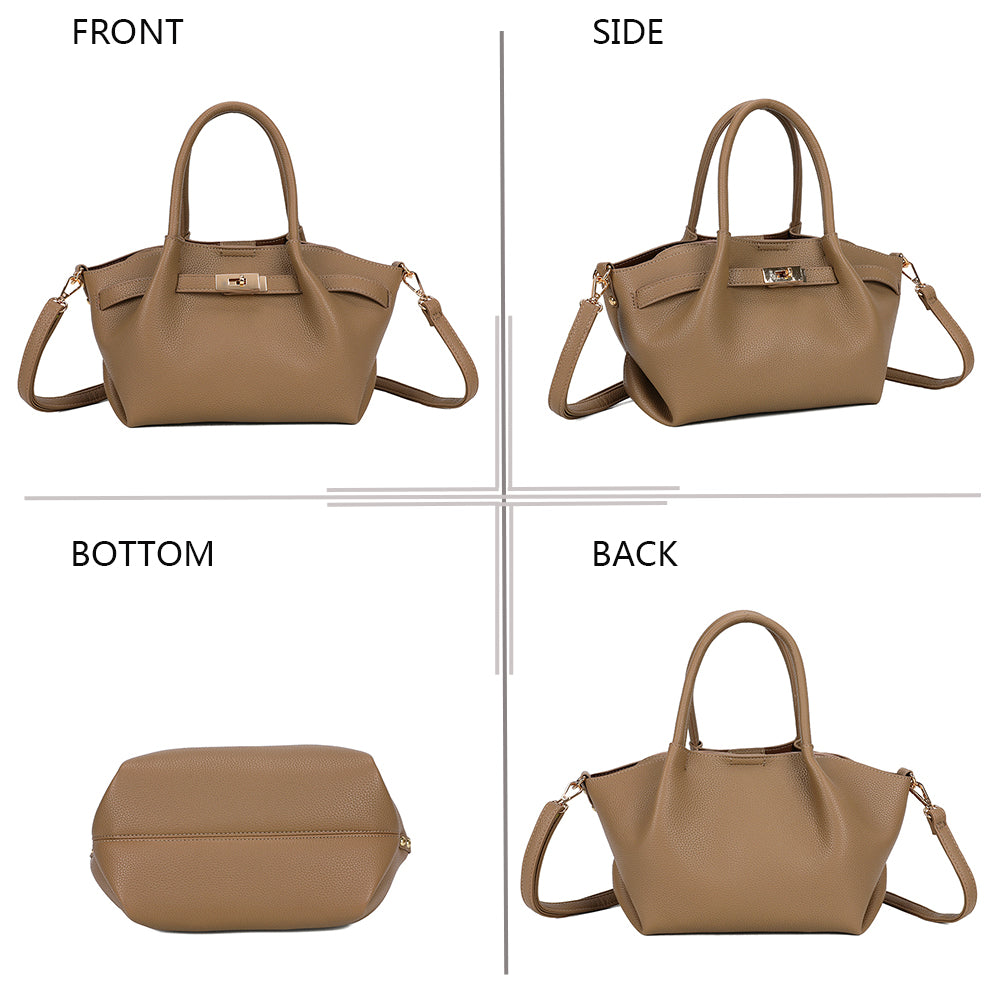 La Théodora taupe foncé sous quatre angles : face, côté, dessous et dos du sac – réf. KJ-62082-4