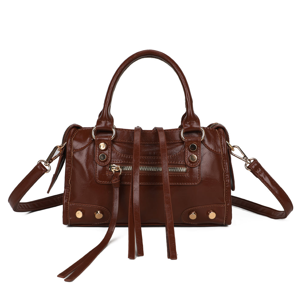 Sac à main femme Le Dorian marron foncé, rivets dorés et longues lanières décoratives – Gallantry Paris – réf. KJ-62088-1