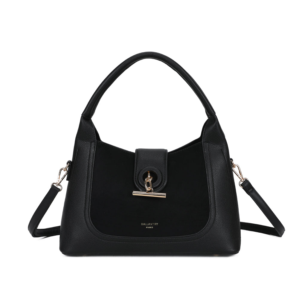 Sac à main femme La Mélisande noir, simili cuir grainé et suédine, fermoir doré – Gallantry Paris – réf. KJ-62089-2