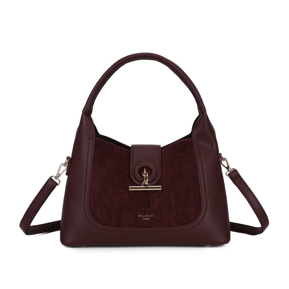 Sac à main femme La Mélisande bordeaux, simili cuir grainé et suédine, fermoir doré – Gallantry Paris – réf. KJ-62089-2