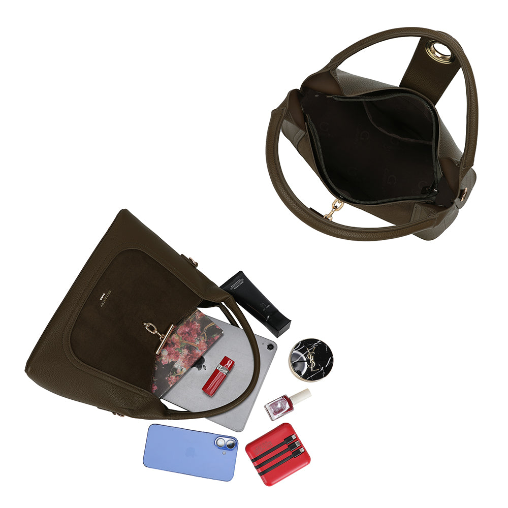 Intérieur zippé et doublé de La Mélisande vert foncé, avec poches de rangement pour les essentiels – réf. KJ-62089-2