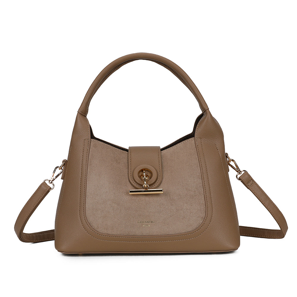 Sac à main femme La Mélisande taupe foncé, simili cuir grainé et suédine, fermoir doré – Gallantry Paris – réf. KJ-62089-2