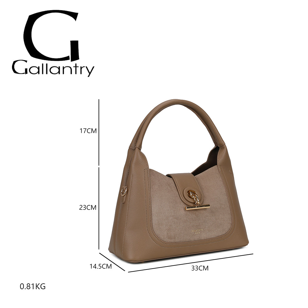 Dimensions de La Mélisande taupe foncé : 33 × 14,5 × 23 cm, anse de 17 cm, poids 0,81 kg – réf. KJ-62089-2