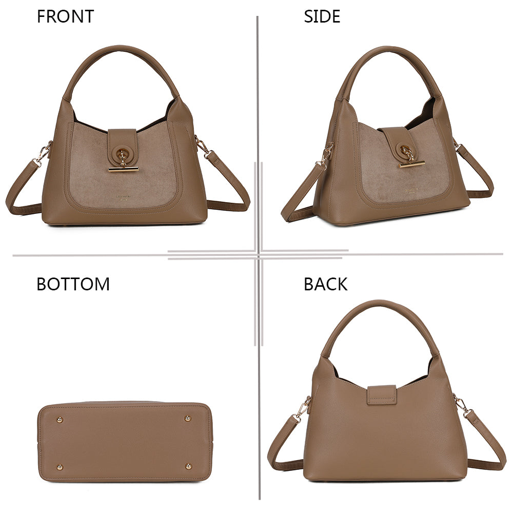 La Mélisande taupe foncé sous quatre angles : face, côté, dessous et dos du sac – réf. KJ-62089-2