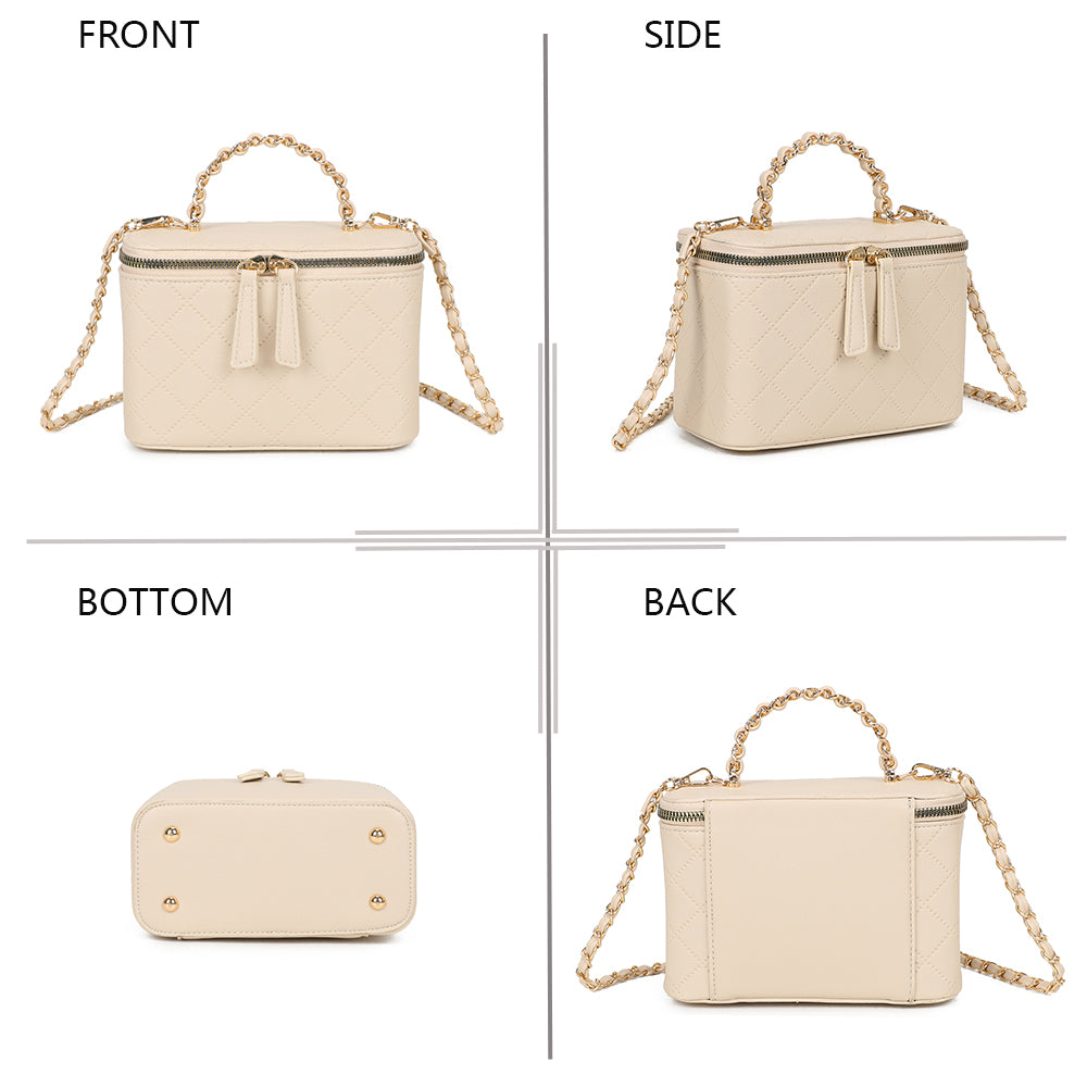 Le Mini Bambino beige sous quatre angles : face, côté, dessous et dos du sac vanity – réf. R-1918-4